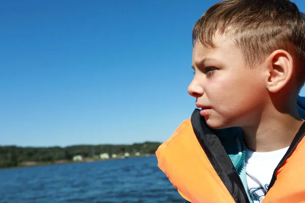 Portrait Child Life Jacket Boat Ladoga Skerries — Stock Photo, Image