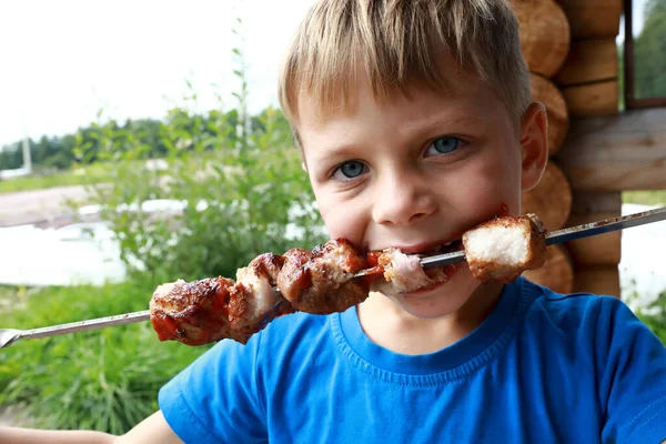 Dzieciak Kebab Wieprzowy Ketchupem Pikniku — Zdjęcie stockowe