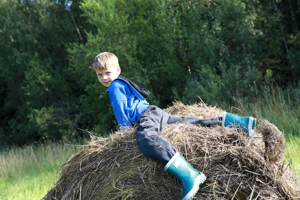 男孩躺在一堆稻草上 卡累利阿 — 图库照片
