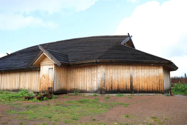 Vue Bâtiment Bois Dans Village Viking Carélie — Photo