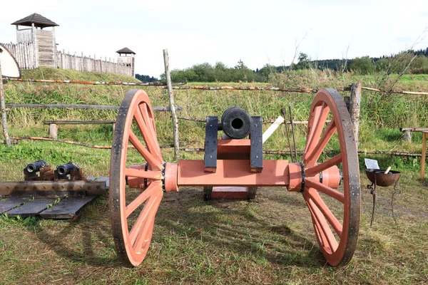 Détails Ancien Canon Sur Roues Bois Été — Photo