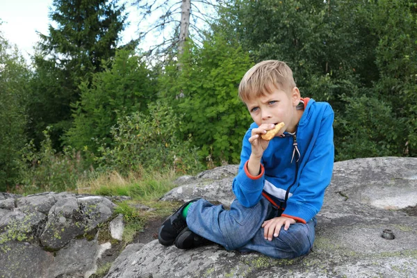 Yazın Karelya Daki Paaso Dağı Nda Turta Yiyen Çocuk — Stok fotoğraf