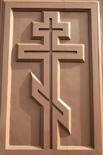 Распятие Деревянной Двери Церкви Валаамском Монастыре Россия — стоковое фото