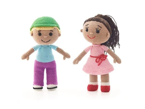 Knitted Toys Boy Girl White Background — Stock Photo, Image