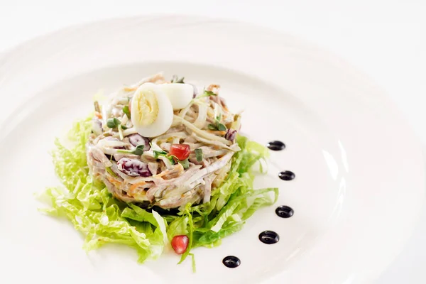 Vlees Salade Witte Plaat Close — Stockfoto