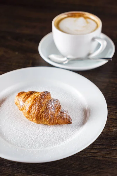 Fresh Croissant Coffee Close — Stock Photo, Image