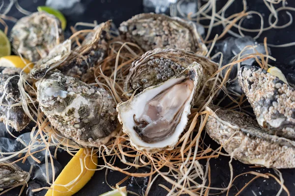 Otwórz Ostrygi Gotowy Spożywania Rustykalne — Zdjęcie stockowe