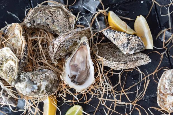 Otwórz Ostrygi Gotowy Spożywania Rustykalne — Zdjęcie stockowe