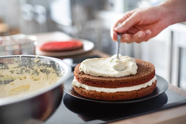 chef making delicious  cake, close up