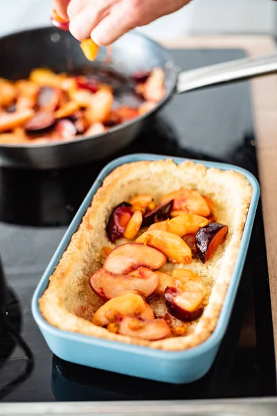 Chef Making Plum Pie Close — Stock Photo, Image