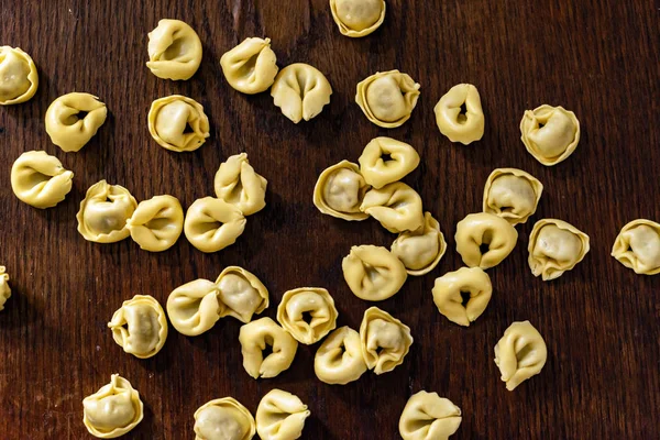 Raw Cheese Filled Tortellini Pasta Wooden Background — Stock Photo, Image