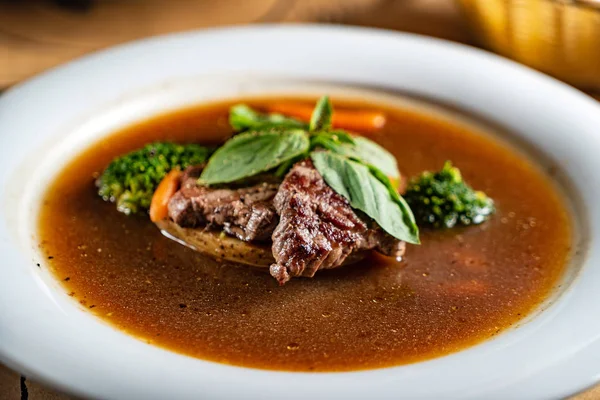 winter soup with beef, close up