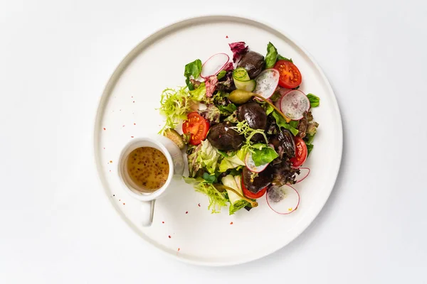 Salade Gastronomique Avec Vinaigrette Gros Plan — Photo