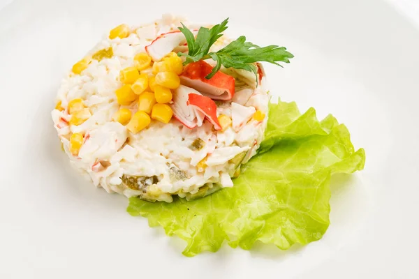 Salad Made Crab Sticks Corn Egg Pepper Cucumber — Stock Photo, Image