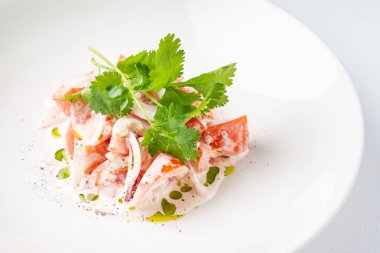 Soğan ve ekşi krema beyaz tabakta domates salatası 