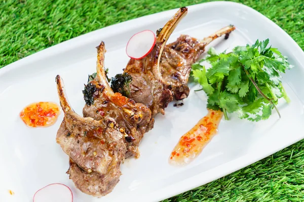 Grilled Lamb Sauce Close — Stock Photo, Image