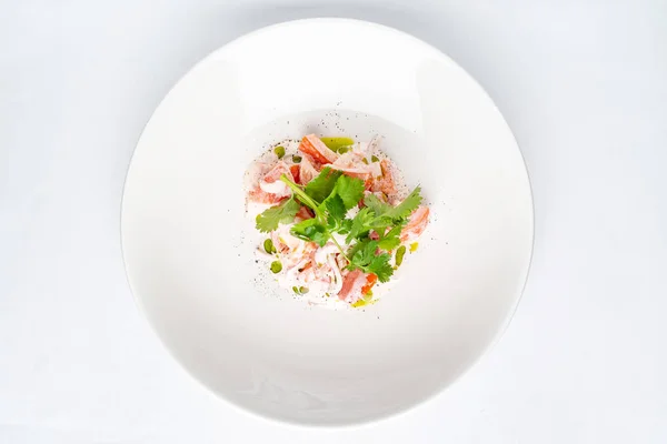 Tomato Salad Onion Sour Cream White Plate — Stock Photo, Image
