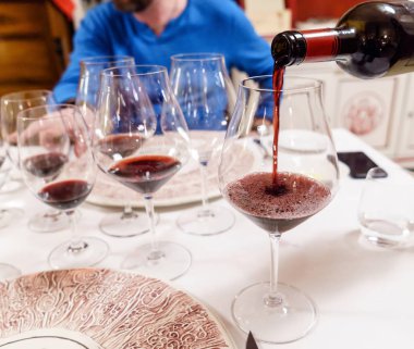 Üst üste bir tabloda farklı şarap birçok bardak. Tatma şarap kavramı