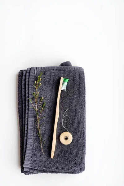 Eco Natural Bamboo Toothbrushes Biodegradable Silk Dental Floss Black Towel — Stock Photo, Image