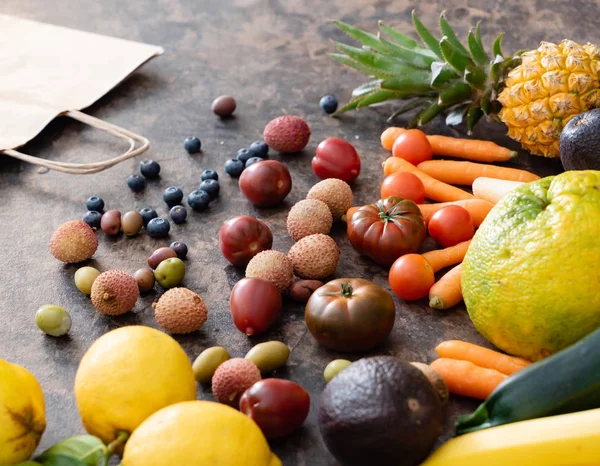 Fruits Légumes Frais Sur Table Pierre Concept Zéro Déchet — Photo