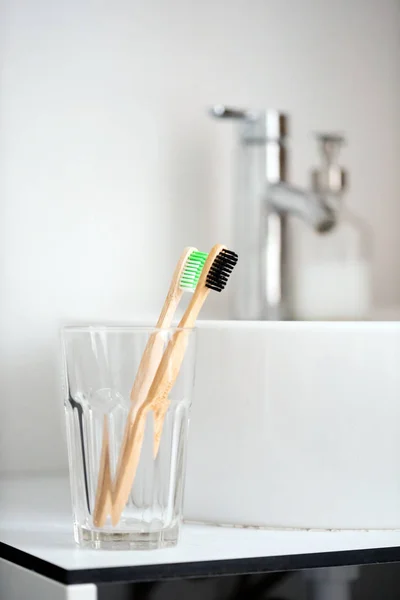 Eco Natural Bamboo Toothbrush Glass Sustainable Lifestyle Concept Zero Waste — Stock Photo, Image