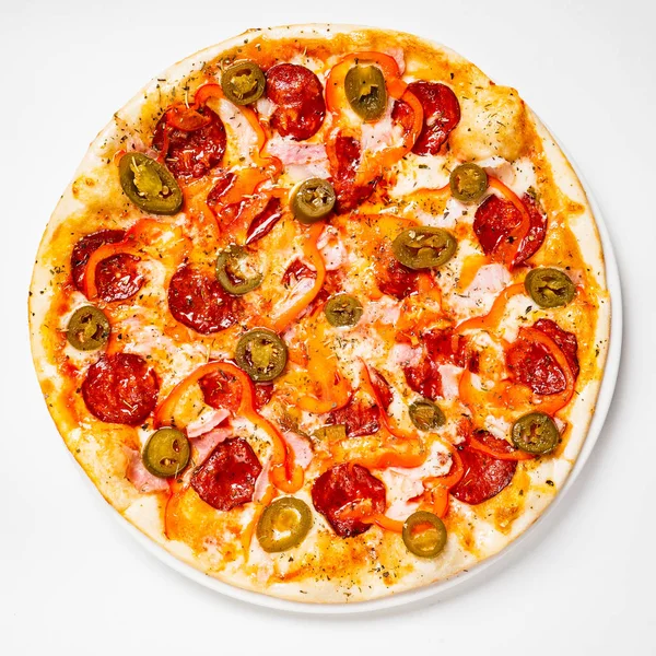Pizza Pepperoni Com Queijo Mozzarella Salame Tomate Pimenta — Fotografia de Stock
