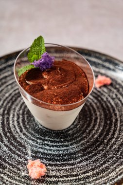 Bir cam klasik tiramisu yakın çekim