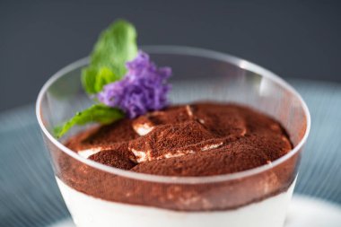 Bir cam klasik tiramisu yakın çekim