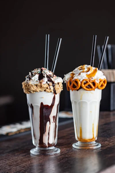 crazy milkshakes with chocolate, caramel and whipped cream