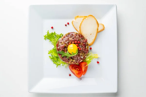 French Cuisine Beef Steak Tartare Raw Quail Egg Yolk — Stock Photo, Image