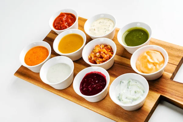 Bowls Sauces Wooden Tray — Stock Photo, Image