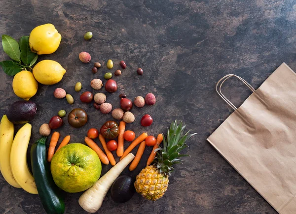 Fruits Légumes Frais Sur Table Pierre Concept Zéro Déchet — Photo