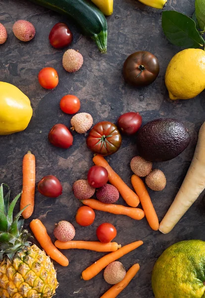 Fresh Fruits Vegetables Stone Table Zero Waste Concept — Stock Photo, Image