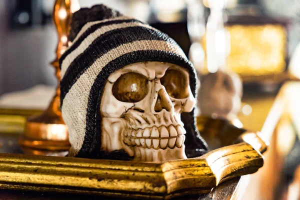 Halloween Human Skull Old Wooden Table — Stock Photo, Image