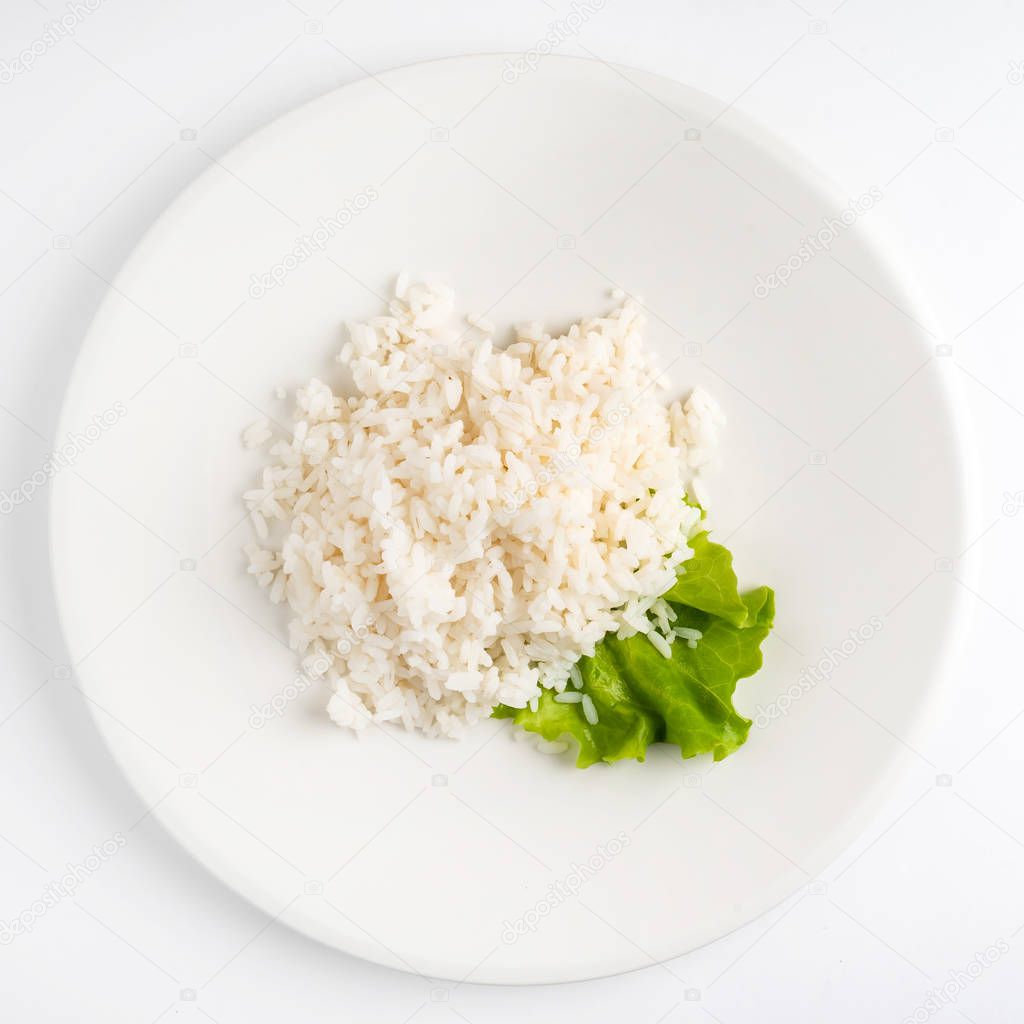 rice on the white plate, top view