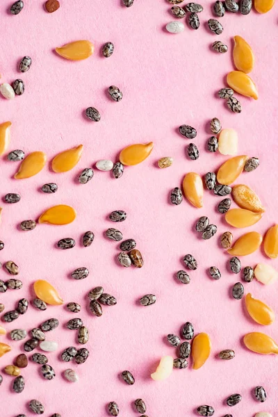 Sağlıklı Superfood Keten Tohumu Chia Tohum Kenevir Tohumları Pembe Bir — Stok fotoğraf