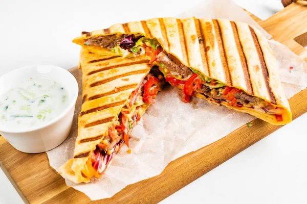 Mexican Quesadilla Meat Pepper Sauce — Stock Photo, Image