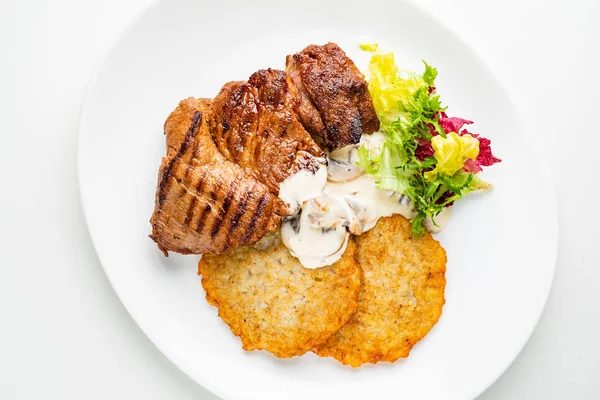 Pork Steak Potato Pancakes Salad — Stock Photo, Image