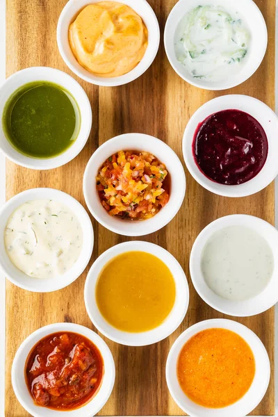 Bowls Sauces Wooden Tray — Stock Photo, Image