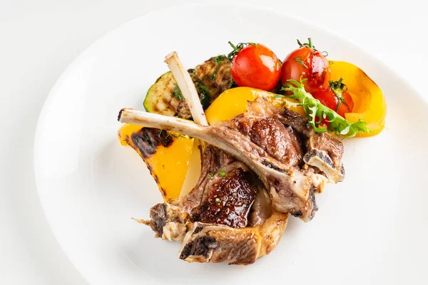 Modern French Cuisine Roasted Lamb Neck Rack Served Carrot Yellow — Stock Photo, Image