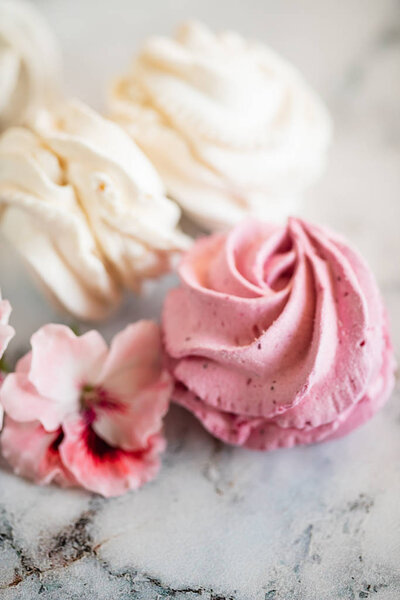 Beautiful delicious dessert. Zephyr in the shape of flowers roses. 