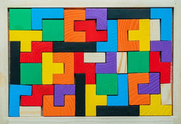 Tetris Brinquedo Blocos Madeira Closeup — Fotografia de Stock