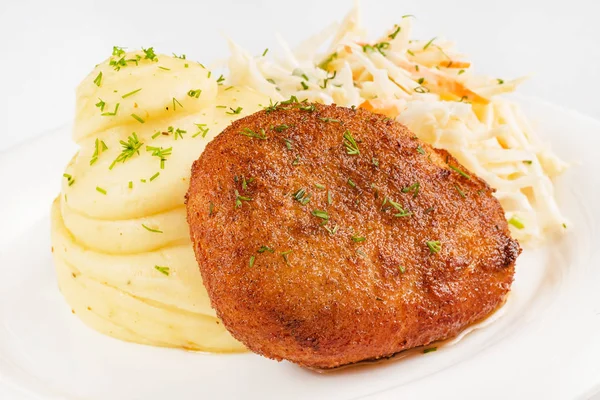 Aardappelpuree Met Kotelet Salade — Stockfoto