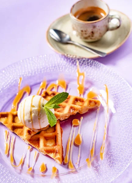 Belgian Waffles Ice Cream Coffee Close — Stock Photo, Image