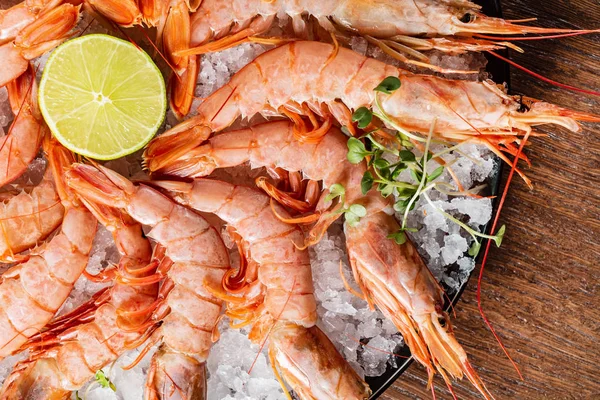 Frische Garnelen Auf Dem Eis Aus Nächster Nähe — Stockfoto