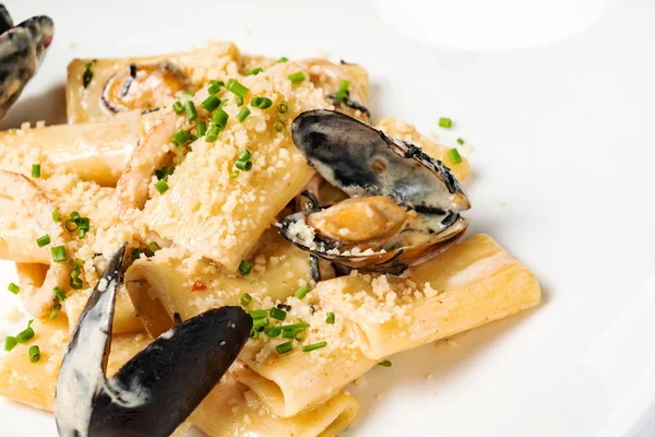 新鲜的意大利面与贝类和奶酪 免版税图库照片