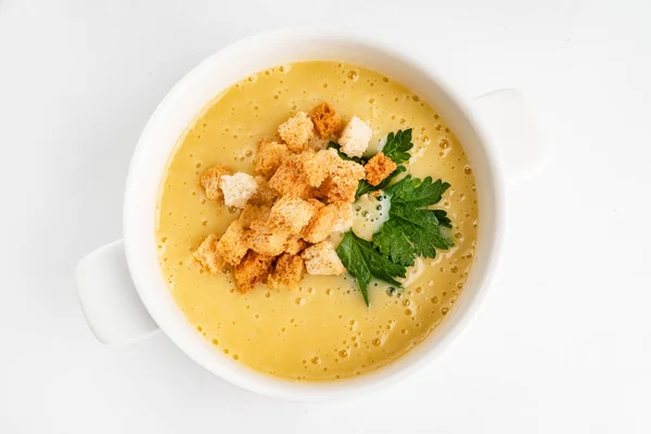 Sopa Creme Vegetal Com Croutons Close — Fotografia de Stock