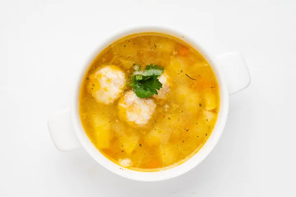 Sopa Con Albóndigas Fondo Blanco Vista Superior — Foto de Stock