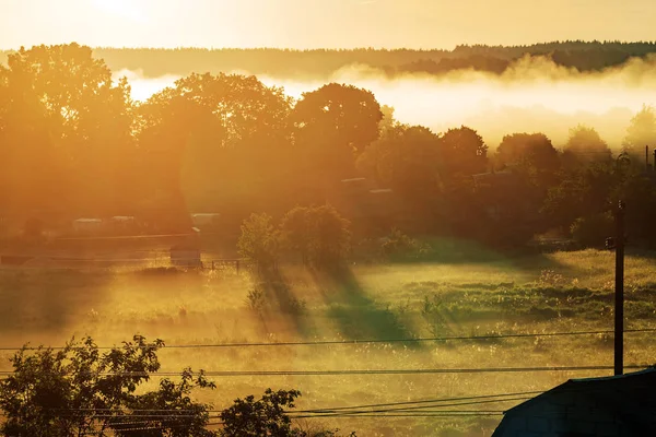 Early Morning Village Hiding Fog — Stock Photo, Image