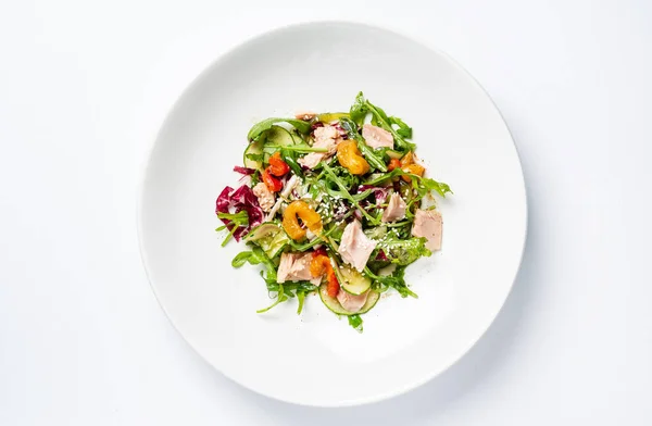 Salad Tuna White Plate Close — Stock Photo, Image